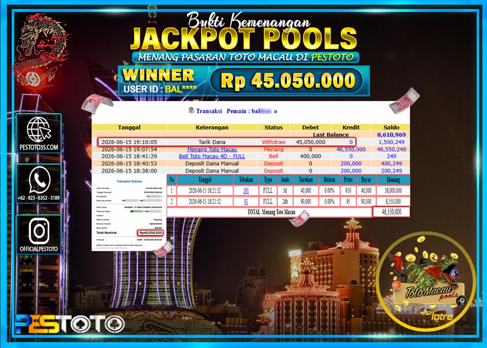 HANYA DI PESTOTO JP PASTI DI BAYAR LUNAS DAN CEPAT!! JP TOGEL { TOTO MACAU 4D } RP 45.050.000!!!
