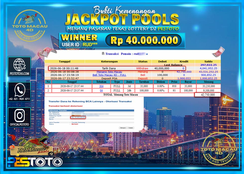HANYA DI PESTOTO JP PASTI DI BAYAR LUNAS DAN CEPAT!! JP TOGEL { TOTO MACAU 4D } RP 40.000.000!!!