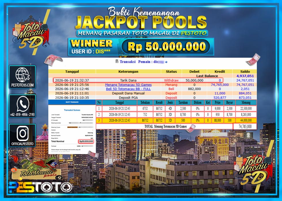 HANYA DI PESTOTO JP PASTI DI BAYAR LUNAS DAN CEPAT!! JP TOGEL { TOTO MACAU 5D } RP 50.000.000!!!
