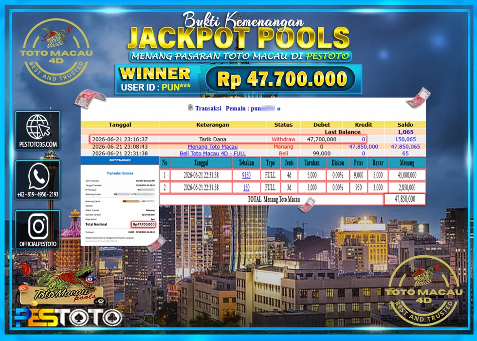 HANYA DI PESTOTO JP PASTI DI BAYAR LUNAS DAN CEPAT!! JP TOGEL { TOTO MACAU 4D } RP 47.700.000!!!
