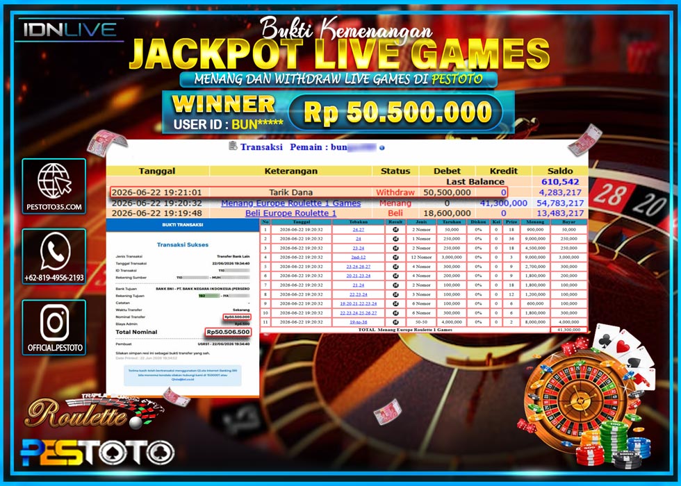 HANYA DI PESTOTO JP PASTI DI BAYAR LUNAS DAN CEPAT!! JP LIVE GAMES { MENANG EUROPE ROULETTE 1 GAMES } RP 50.500.000 !!!