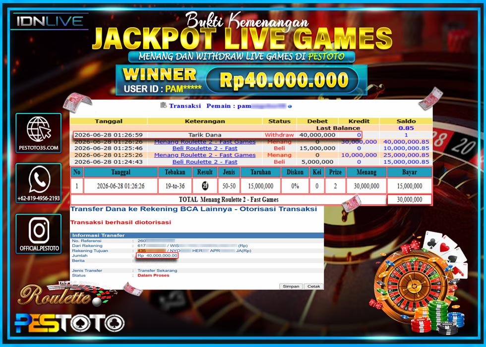 HANYA DI PESTOTO JP PASTI DI BAYAR LUNAS DAN CEPAT!! JP LIVE GAMES { MENANG ROULETTE 2 - FAST GAMES  } RP 40.000.000 !!!