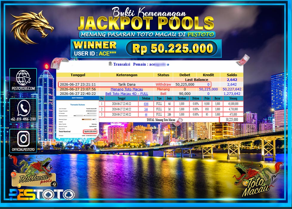 HANYA DI PESTOTO JP PASTI DI BAYAR LUNAS DAN CEPAT!! JP TOGEL { TOTO MACAU 4D  } RP 50.225.000!!!