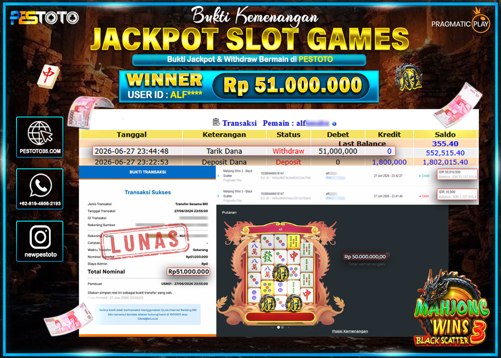 HANYA DI PESTOTO JP PASTI DI BAYAR LUNAS DAN CEPAT!! JP SLOT GAMES { MAHJONG WINS 3 - BLACK SCATTER } RP 51.000.000!!!
