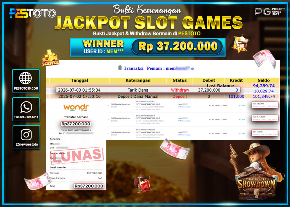 HANYA DI PESTOTO JP PASTI DI BAYAR LUNAS DAN CEPAT!! JP SLOT GAMES { WILD BOUNTY SHOWDOWN } RP 37.200.000!!!