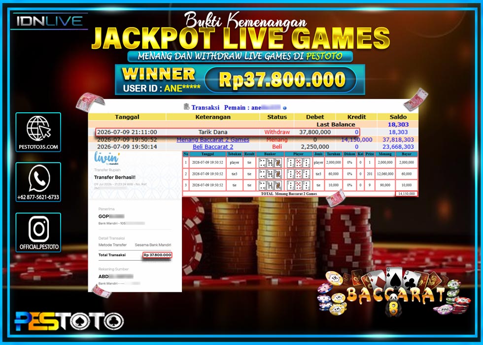 HANYA DI PESTOTO JP PASTI DI BAYAR LUNAS DAN CEPAT!! JP LIVE  GAMES { MENANG BACCARAT 2 GAMES  } RP 37.800.000!!!