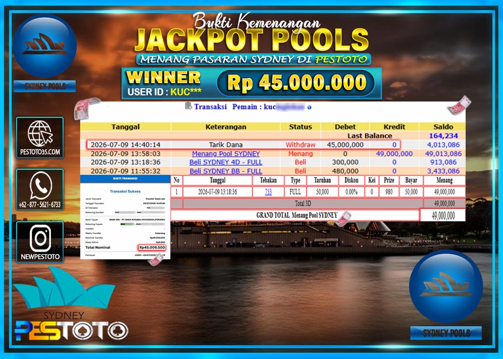 HANYA DI PESTOTO JP PASTI DI BAYAR LUNAS DAN CEPAT!! JP TOGEL { POOL SYDNEY } RP 45.000.000!!!