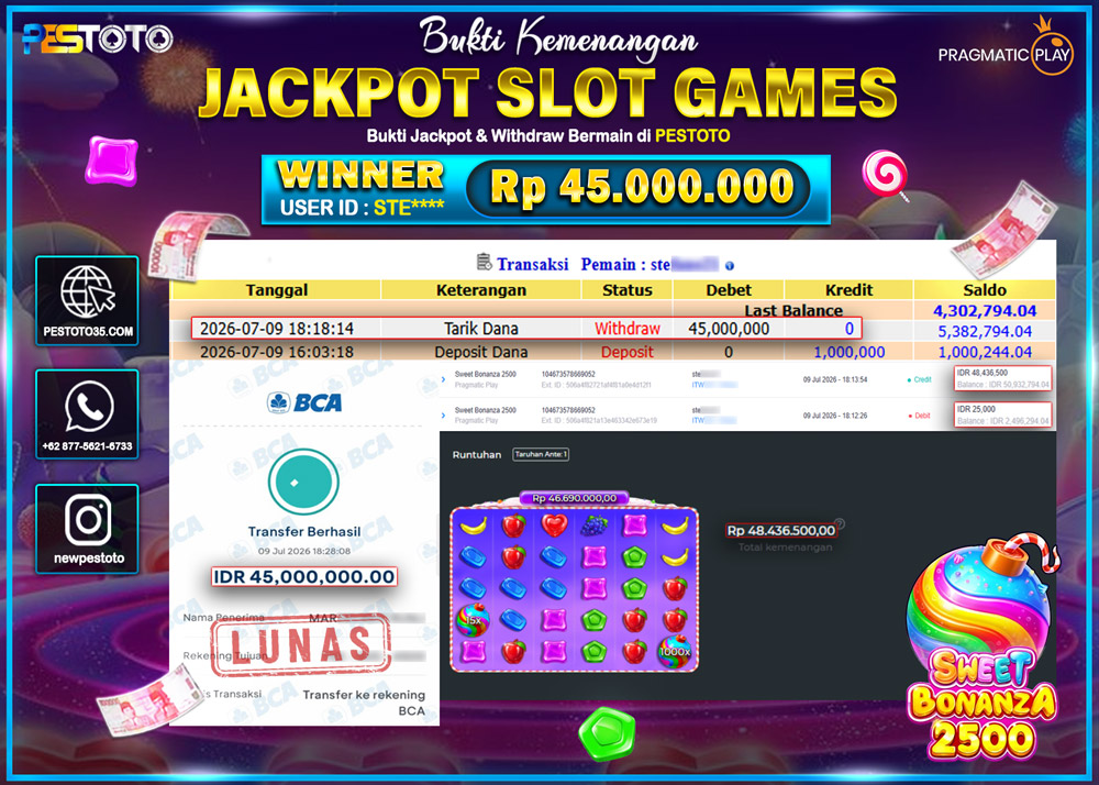HANYA DI PESTOTO JP PASTI DI BAYAR LUNAS DAN CEPAT!! JP SLOT GAMES { SWEET BONANZA 2500 } RP 45.000.000!!!
