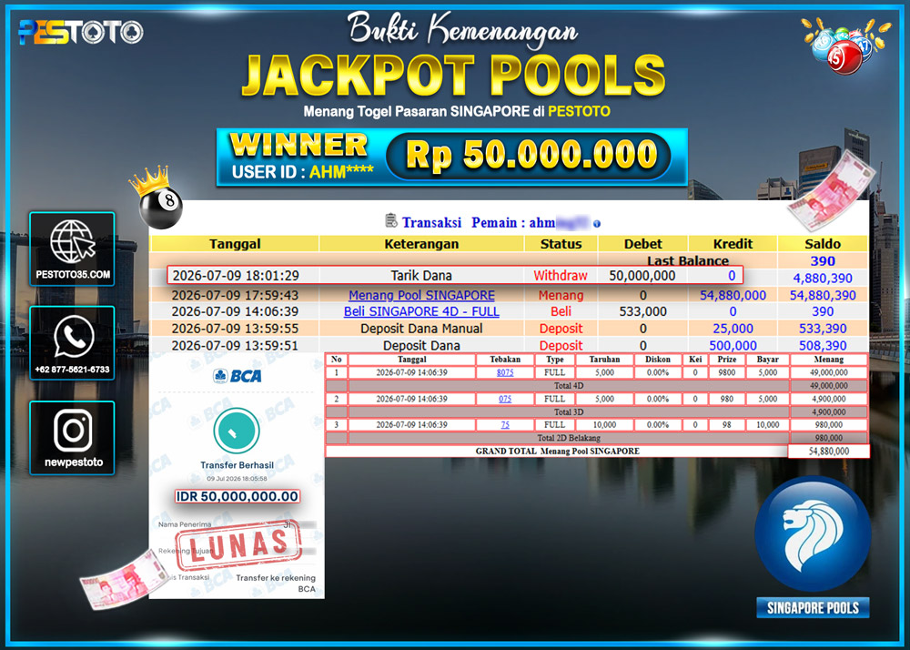 HANYA DI PESTOTO JP PASTI DI BAYAR LUNAS DAN CEPAT!! JP TOGEL { SINGAPORE POOLS } RP 50.000.000!!!