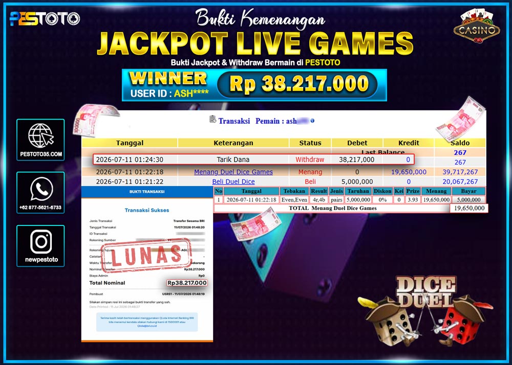 HANYA DI PESTOTO JP PASTI DI BAYAR LUNAS DAN CEPAT!! JP LIVE GAMES { DUEL DICE } RP 38.217.000!!!