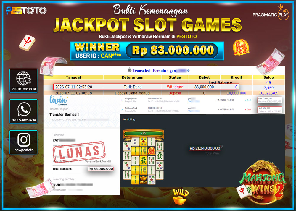 HANYA DI PESTOTO JP PASTI DI BAYAR LUNAS DAN CEPAT!! JP SLOT GAMES { MAHJONG WINS 2 } RP 83.000.000!!!
