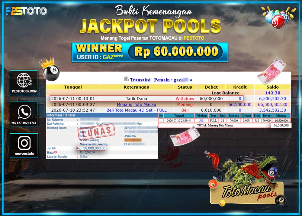 HANYA DI PESTOTO JP PASTI DI BAYAR LUNAS DAN CEPAT!! JP TOGEL { TOTOMACAU } RP 60.000.000!!!