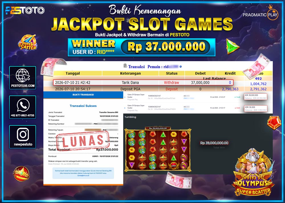 HANYA DI PESTOTO JP PASTI DI BAYAR LUNAS DAN CEPAT!! JP SLOT GAMES { GATES OF OLYMPUS SUPER SCATTER } RP 37.000.000!!!