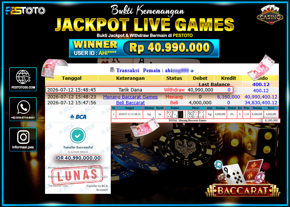 HANYA DI PESTOTO JP PASTI DI BAYAR LUNAS DAN CEPAT!! JP LIVE GAMES { BACCARAT } RP 40.990.000 !!!