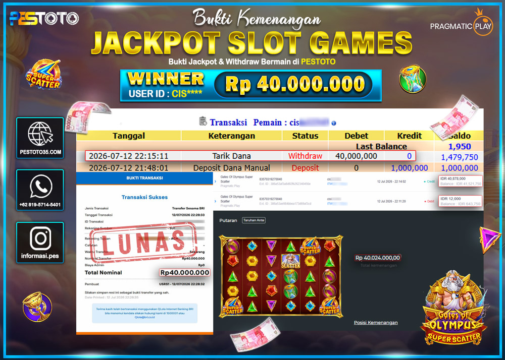 HANYA DI PESTOTO JP PASTI DI BAYAR LUNAS DAN CEPAT!! JP SLOT GAMES { GATES OF OLYMPUS SUPER SCATTER } RP 40.000.000 !!!