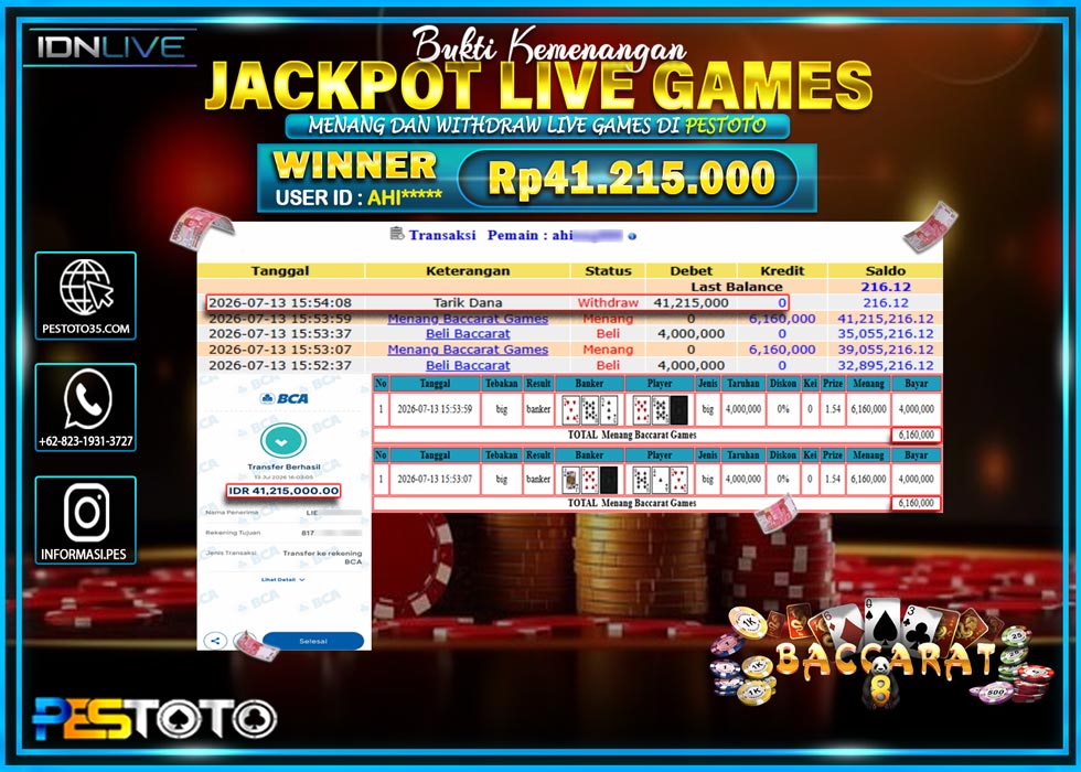 HANYA DI PESTOTO JP PASTI DI BAYAR LUNAS DAN CEPAT!! JP LIVE GAMES { MENANG BACCARAT GAMES } RP 41.215.000 !!!