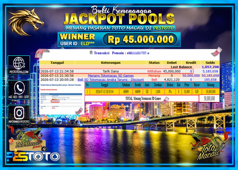 HANYA DI PESTOTO JP PASTI DI BAYAR LUNAS DAN CEPAT!! JP TOGEL { TOTOMACAU 5D GAMES } RP 45.000.000!!!