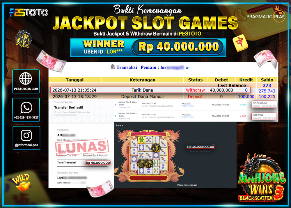 HANYA DI PESTOTO JP PASTI DI BAYAR LUNAS DAN CEPAT!! JP SLOT GAMES { MAHJONG WINS 3 - BLACK SCATTER } RP 40.000.000 !!!