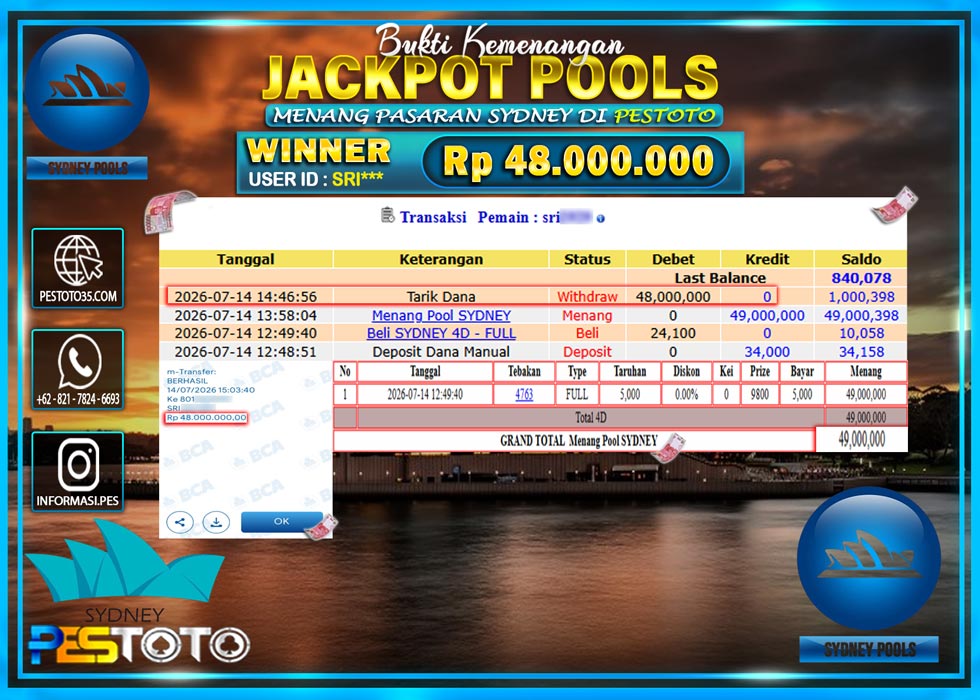 HANYA DI PESTOTO JP PASTI DI BAYAR LUNAS DAN CEPAT!! JP TOGEL { SYDNEY LOTTO } RP 48.000.000 !!!