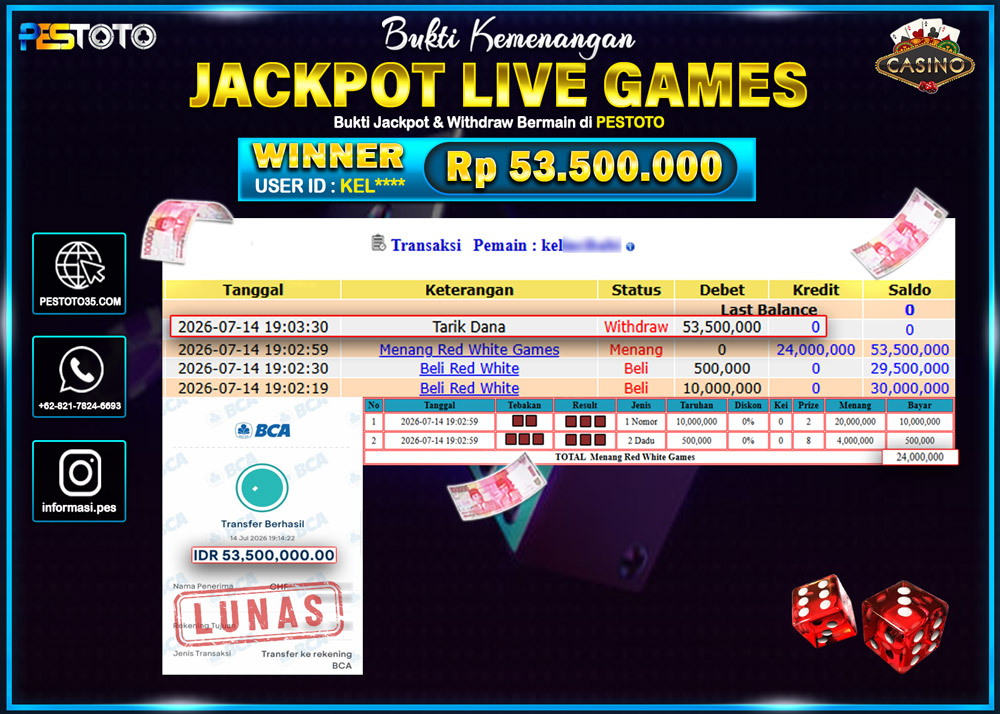 HANYA DI PESTOTO JP PASTI DI BAYAR LUNAS DAN CEPAT!! JP LIVE GAMES { RED WHITE GAMES } RP 53.500.000 !!!