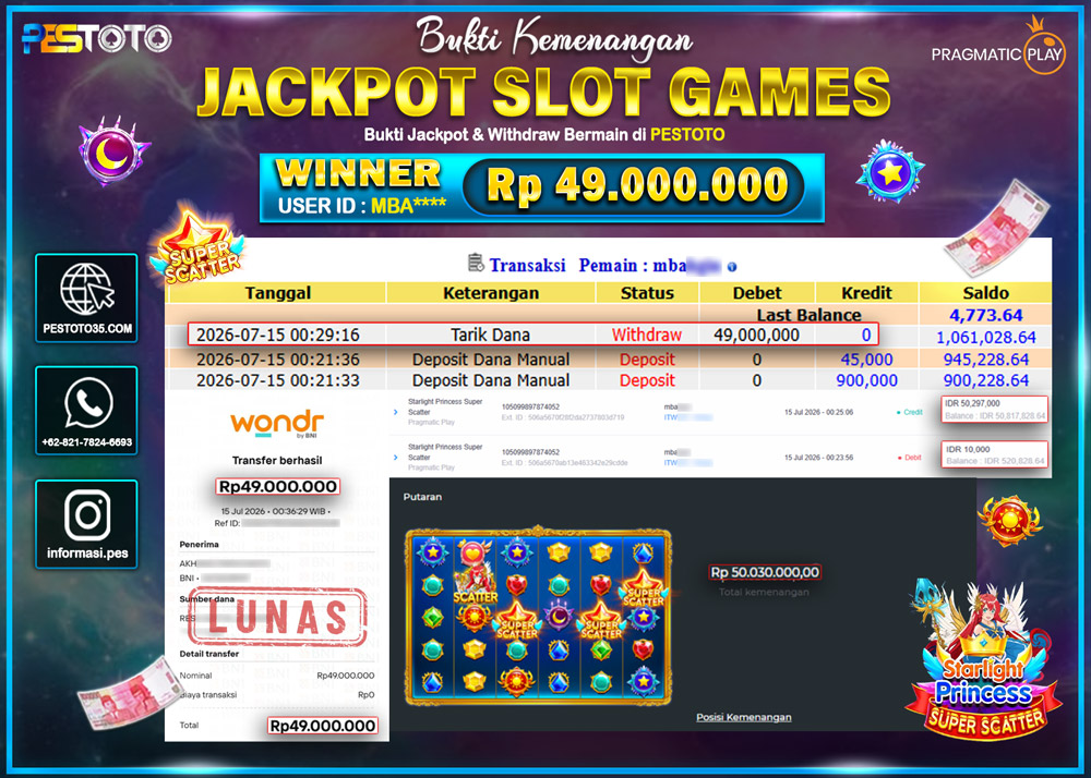 HANYA DI PESTOTO JP PASTI DI BAYAR LUNAS DAN CEPAT!! JP SLOT GAMES { STARLIGHT PRINCESS SUPER SCATTER } RP 49.000.000 !!!