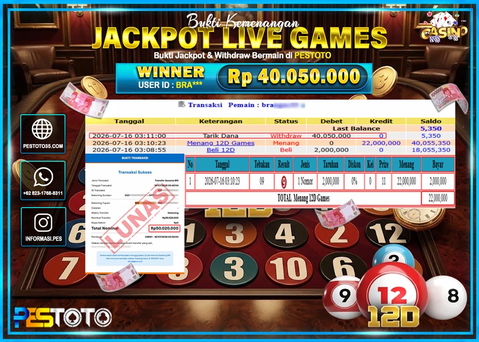HANYA DI PESTOTO JP PASTI DI BAYAR LUNAS DAN CEPAT!! JP LIVE GAMES { 12D GAMES } RP 40.050.000 !!!
