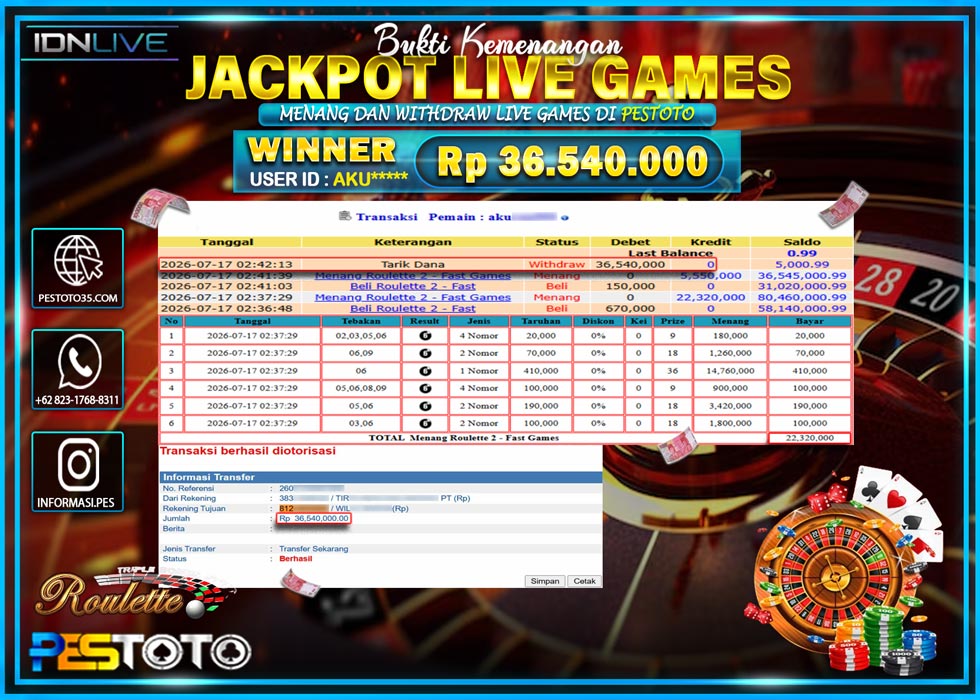 HANYA DI PESTOTO JP PASTI DI BAYAR LUNAS DAN CEPAT!! JP LIVE GAMES { MENANG ROUELETTE 2 - FAST GAMES  } RP 36.540.000 !!!