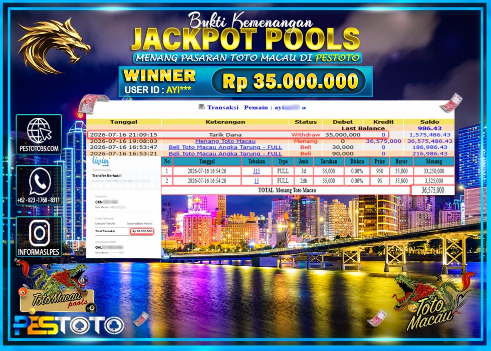HANYA DI PESTOTO JP PASTI DI BAYAR LUNAS DAN CEPAT!! JP TOGEL { TOTO MACAU 4D  GAMES } RP 35.000.000!!!