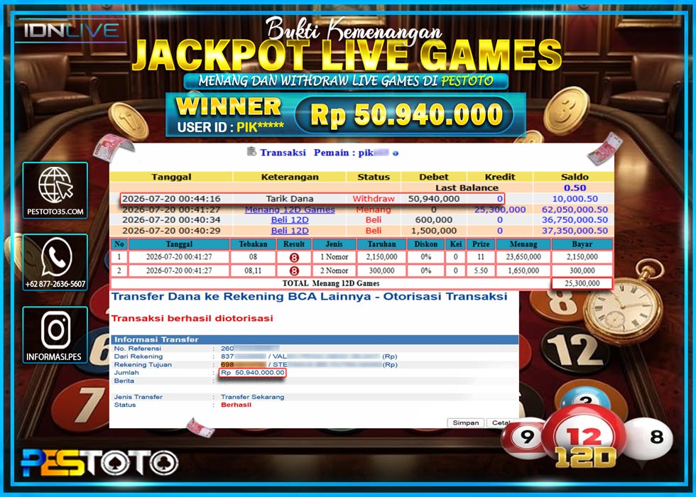 HANYA DI PESTOTO JP PASTI DI BAYAR LUNAS DAN CEPAT!! JP LIVE GAMES { MENANG 12D GAMES } RP 50.940.000 !!!