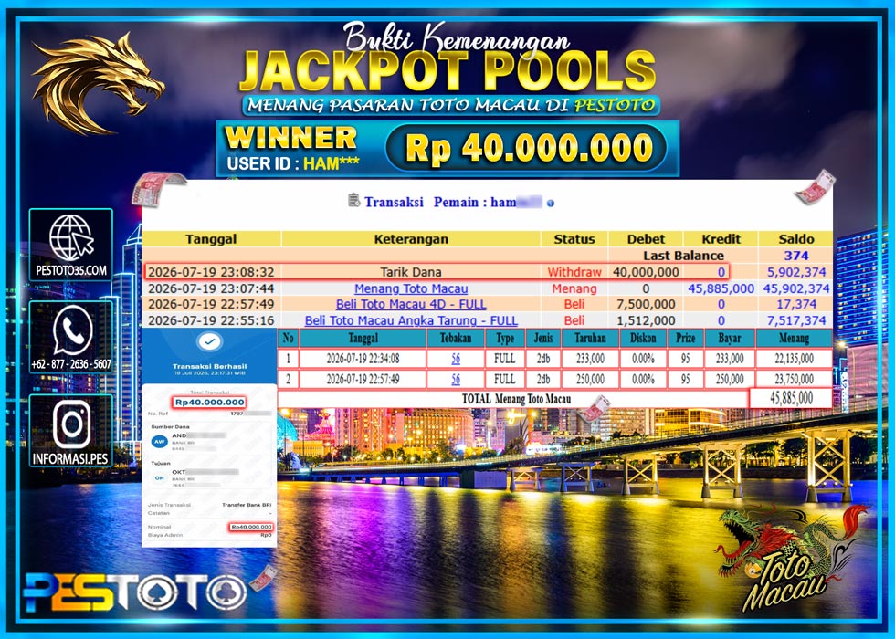 HANYA DI PESTOTO JP PASTI DI BAYAR LUNAS DAN CEPAT!! JP TOGEL { TOTO MACAU 4D } RP 40.000.000 !!!