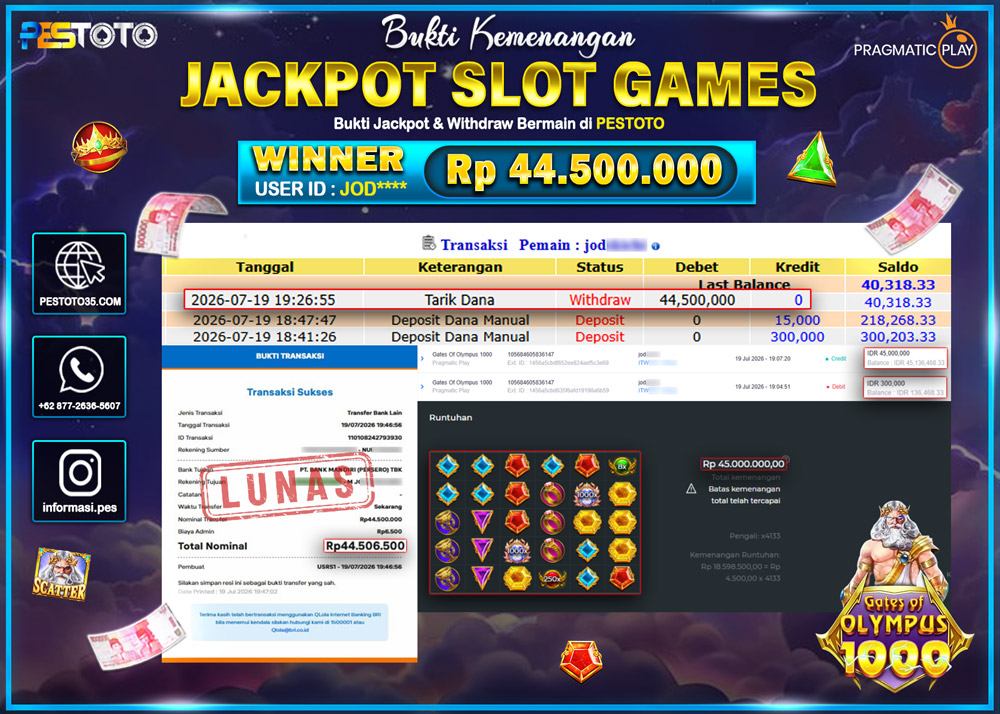 HANYA DI PESTOTO JP PASTI DI BAYAR LUNAS DAN CEPAT!! JP SLOT GAMES { GATES OF OLYMPUS 1000 } RP 44.500.000 !!!