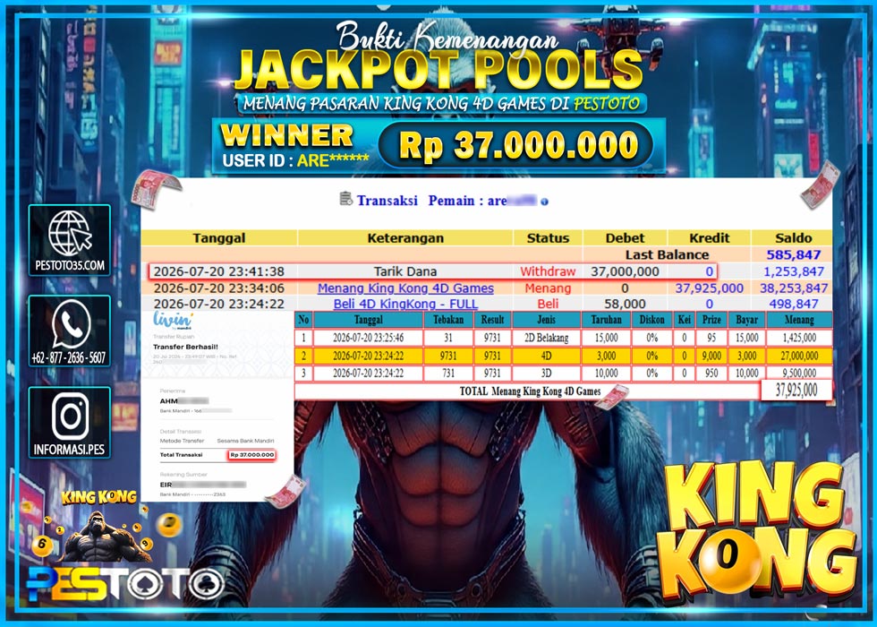 HANYA DI PESTOTO JP PASTI DI BAYAR LUNAS DAN CEPAT!! JP TOGEL { KINGKONG  POOLS } RP 37.000.000 !!!