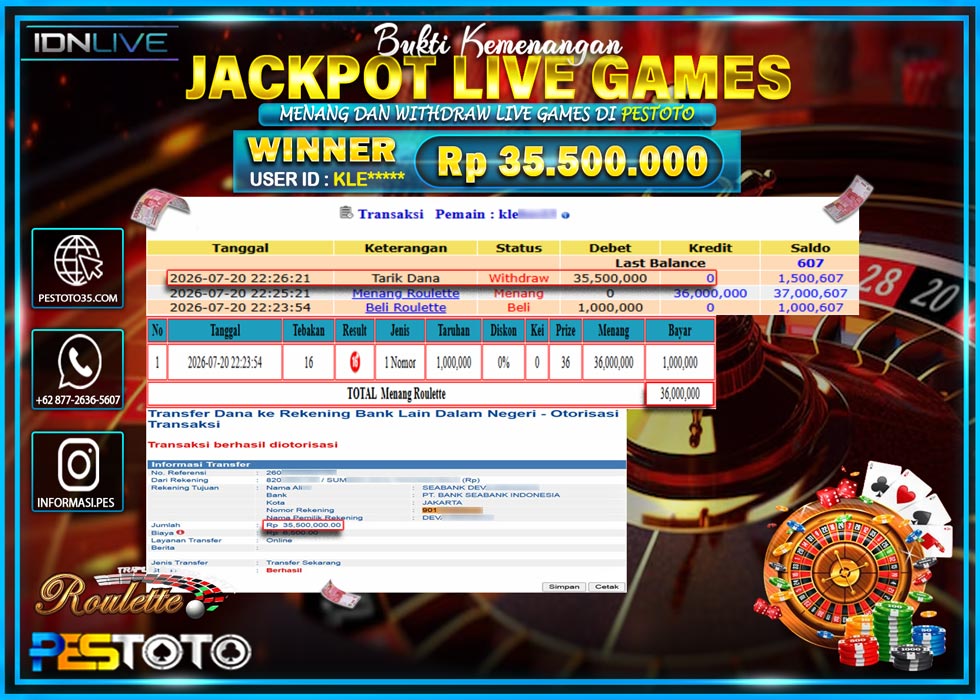 HANYA DI PESTOTO JP PASTI DI BAYAR LUNAS DAN CEPAT!! JP LIVE GAMES   { MENANG ROULETTE } RP 35.500.000 !!!