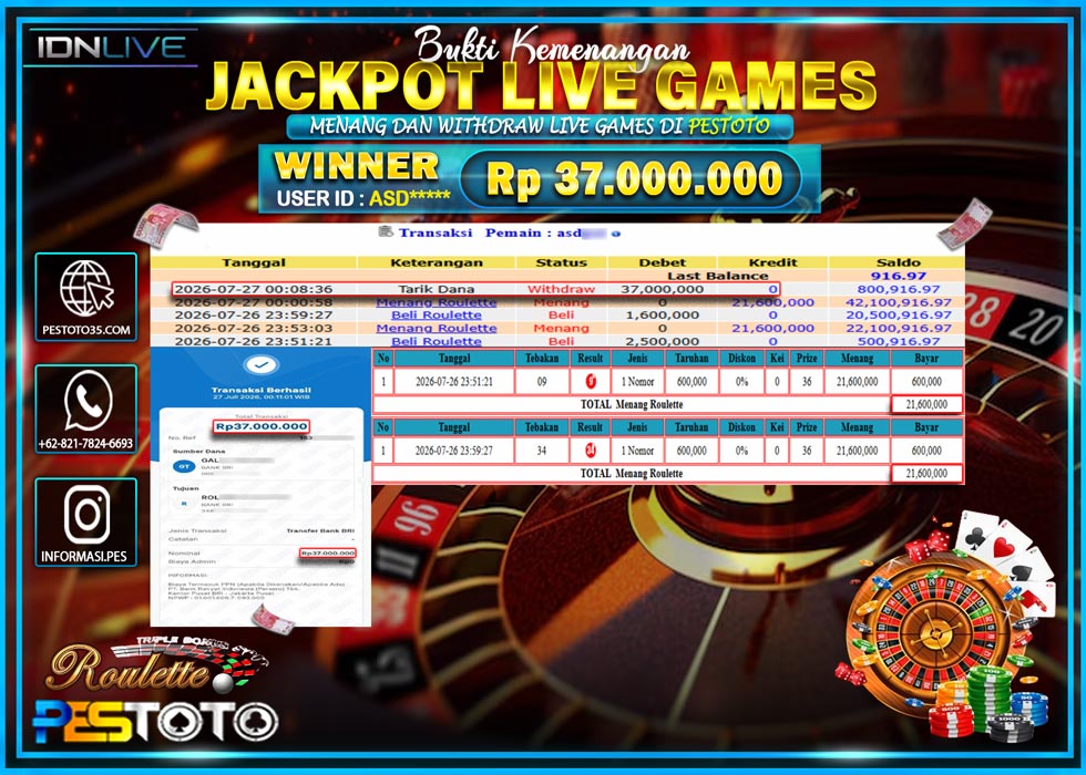 HANYA DI PESTOTO JP PASTI DI BAYAR LUNAS DAN CEPAT!! JP LIVE GAMES { MENANG ROULETTE } RP 37.000.000 !!!