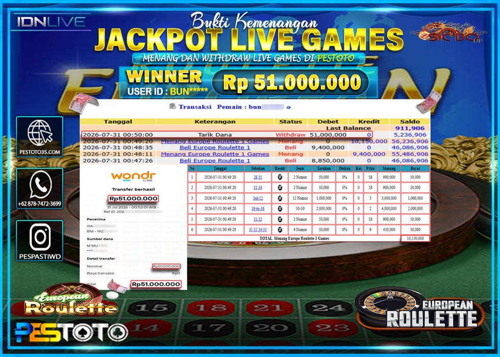 HANYA DI PESTOTO JP PASTI DI BAYAR LUNAS DAN CEPAT!! JP LIVE GAMES { MENANG EUROPE ROULETTE 1 GAMES  } RP 51.000.000 !!!
