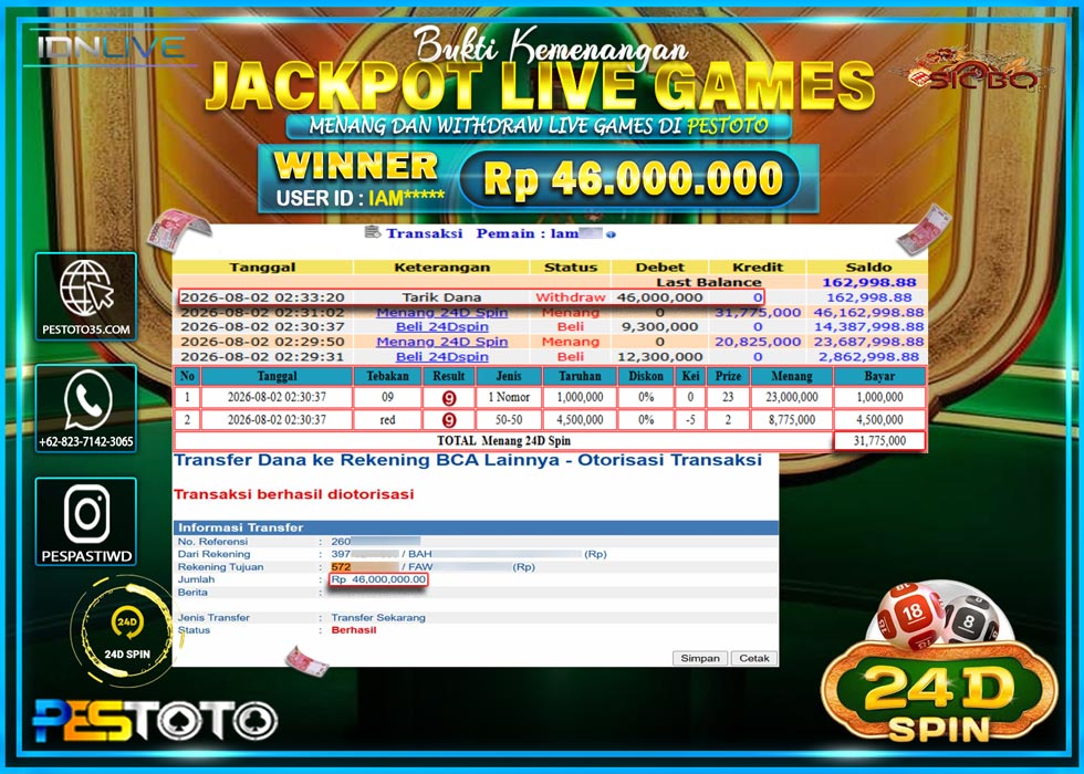 HANYA DI PESTOTO JP PASTI DI BAYAR LUNAS DAN CEPAT!! JP LIVE GAMES { MENANG 24D SPIN } RP 46.000.000 !!!