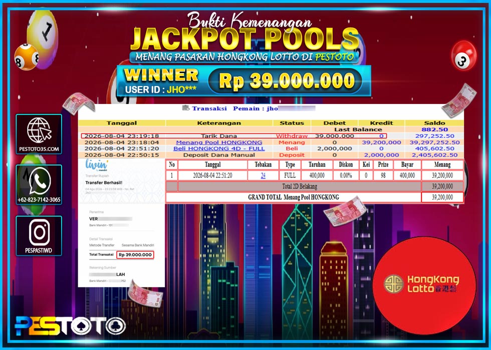 HANYA DI PESTOTO JP PASTI DI BAYAR LUNAS DAN CEPAT!! JP TOGEL { HONGKONG LOTTO } RP 39.000.000 !!!