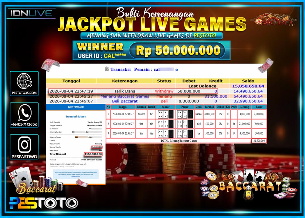 HANYA DI PESTOTO JP PASTI DI BAYAR LUNAS DAN CEPAT!! JP LIVE GAMES { MENANG BACCARAT GAMES } RP 50.000.000!!!!