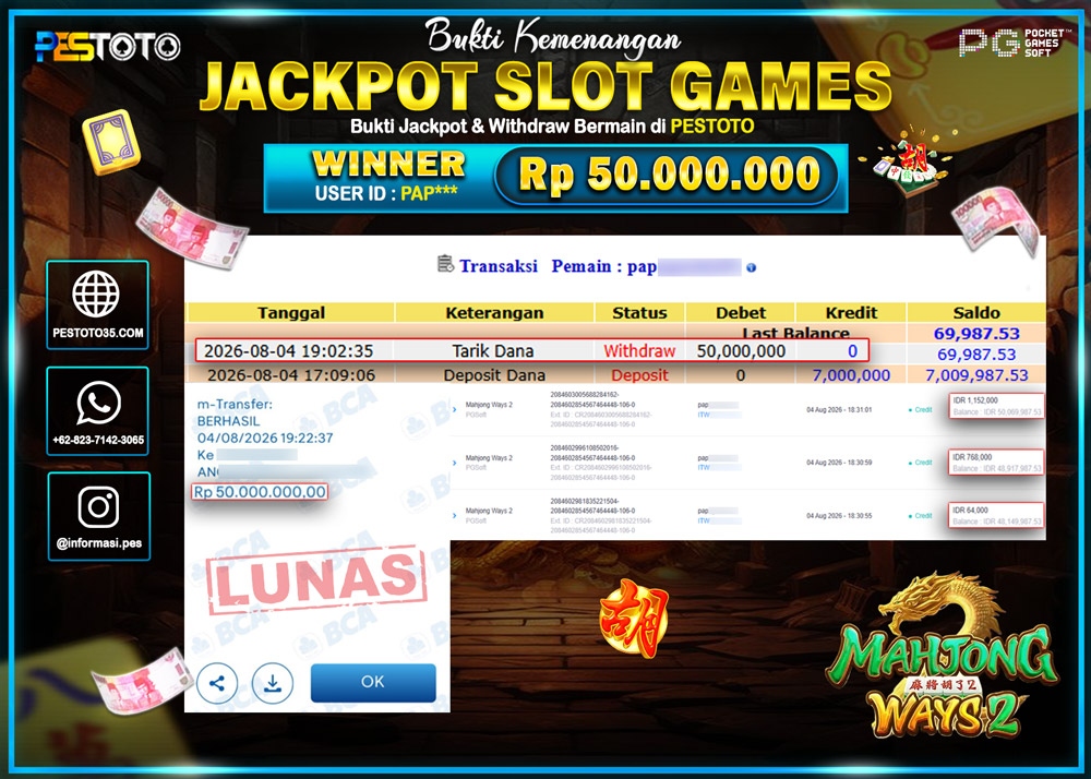 HANYA DI PESTOTO JP PASTI DI BAYAR LUNAS DAN CEPAT!! JP SLOT GAMES { MAHJONG WAYS 2 } RP 50.000.000!!!!