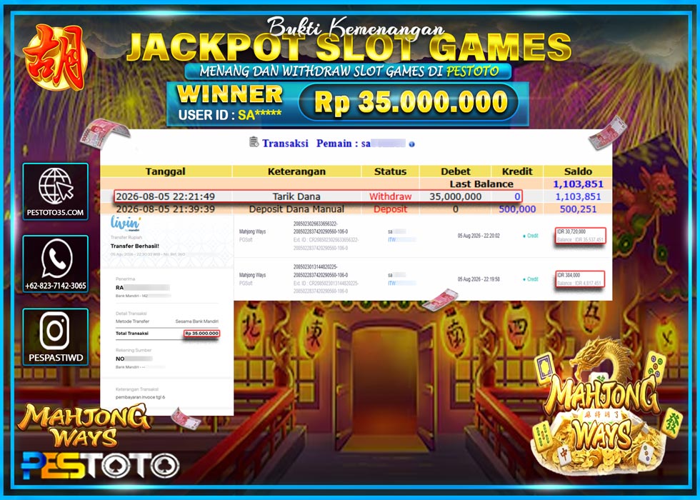 HANYA DI PESTOTO JP PASTI DI BAYAR LUNAS DAN CEPAT!! JP SLOT GAMES { MAHJONG WAYS } RP 35.000.000!!!