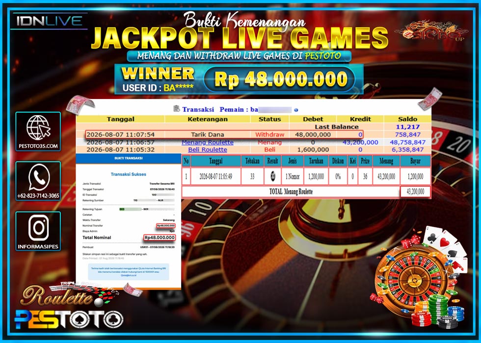 HANYA DI PESTOTO JP PASTI DI BAYAR LUNAS DAN CEPAT!! JP LIVE GAMES { MENANG ROULETTE } RP 48.000.000 !!!