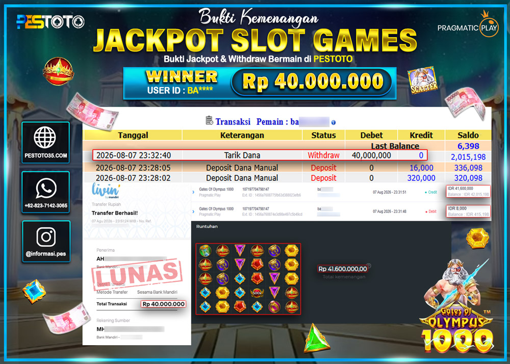 HANYA DI PESTOTO JP PASTI DI BAYAR LUNAS DAN CEPAT!! JP SLOT GAMES { GATES OF OLYMPUS 1000 } RP 40.000.000 !!!