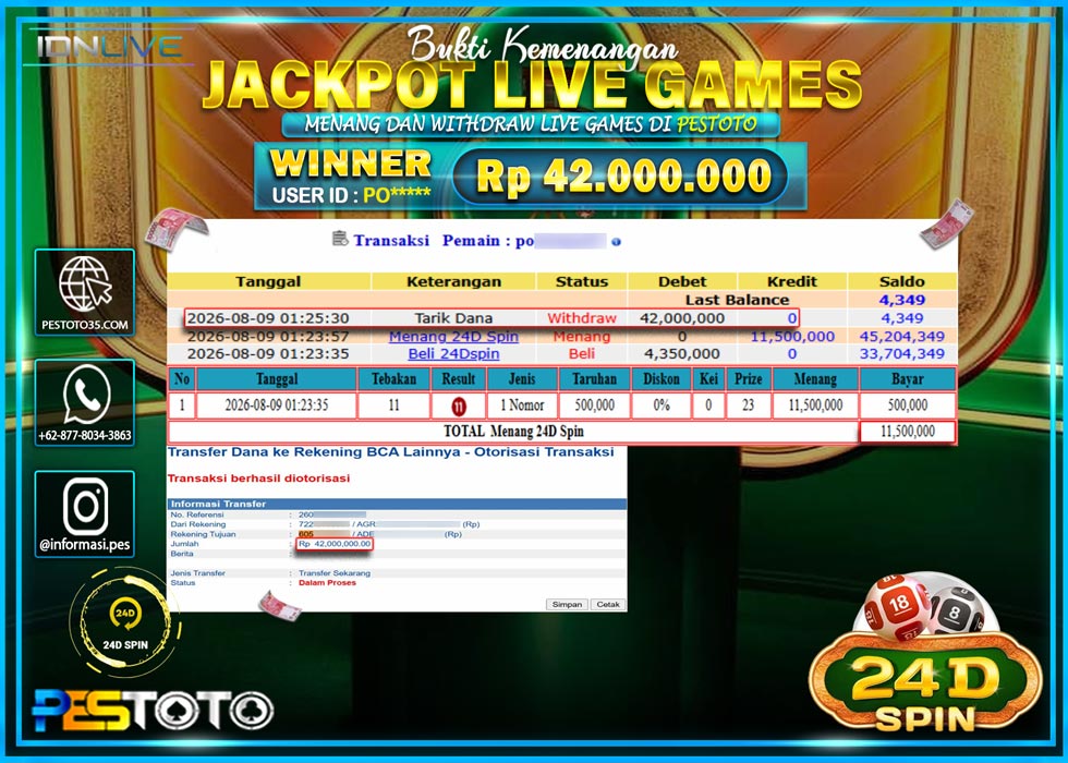 HANYA DI PESTOTO JP PASTI DI BAYAR LUNAS DAN CEPAT!! JP LIVE GAMES { MENANG 24D SPIN } RP 42.000.000!!!