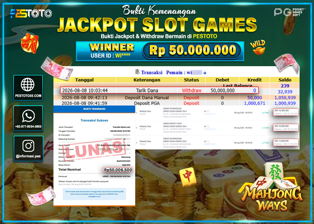 HANYA DI PESTOTO JP PASTI DI BAYAR LUNAS DAN CEPAT!! JP SLOT GAMES { MAHJONG WAYS } RP 50.000.000!!!