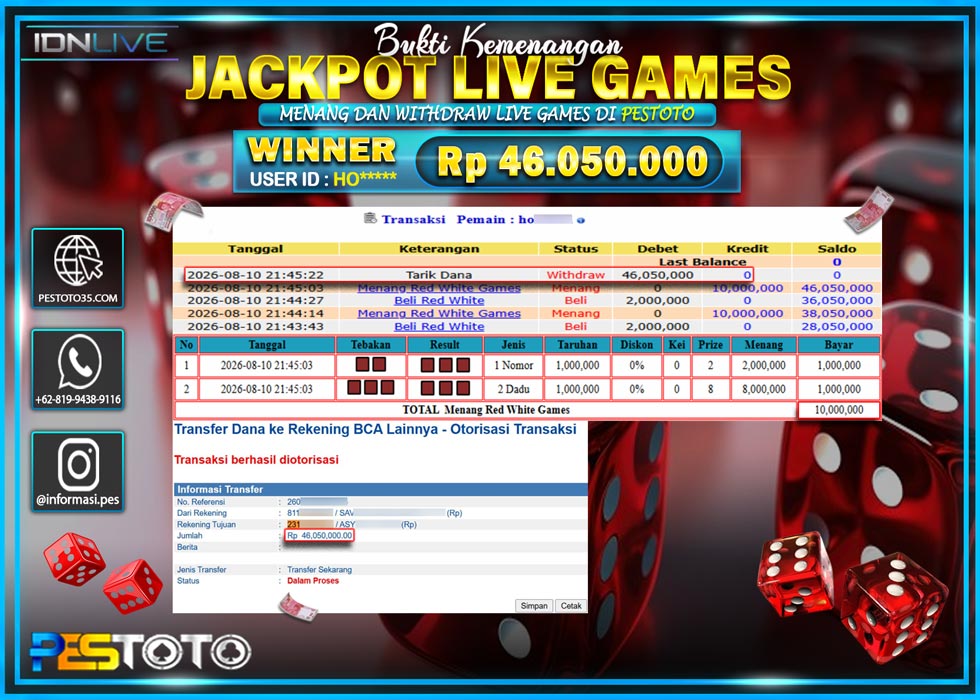 HANYA DI PESTOTO JP PASTI DI BAYAR LUNAS DAN CEPAT!! JP LIVE GAMES { MENANG RED WHITE GAMES } RP 46.050.000!!!