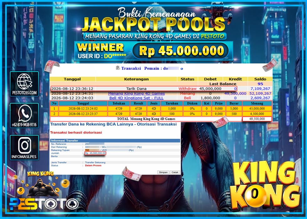 HANYA DI PESTOTO JP PASTI DI BAYAR LUNAS DAN CEPAT!! JP TOGEL { MENANG KING KONG 4D GAMES } RP 45.000.000 !!!