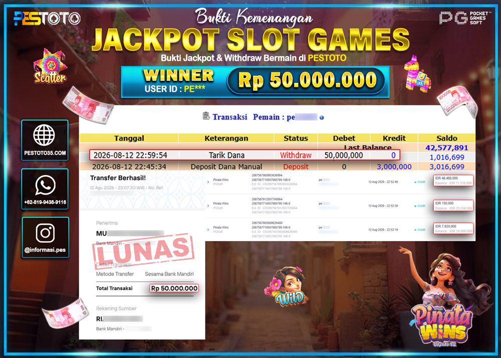 HANYA DI PESTOTO JP PASTI DI BAYAR LUNAS DAN CEPAT!! JP SLOT GAMES { PINATA WINS } RP 50.000.000 !!!