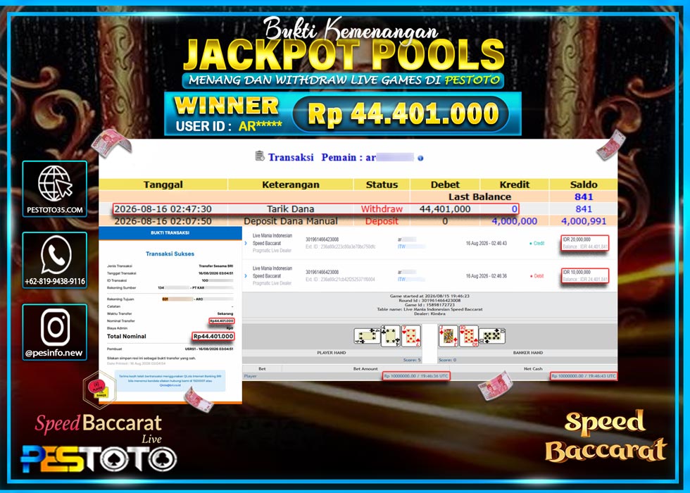HANYA DI PESTOTO JP PASTI DI BAYAR LUNAS DAN CEPAT!! JP LIVE GAMES { SPEED BACCARAT } RP 44.401.000 !!!!