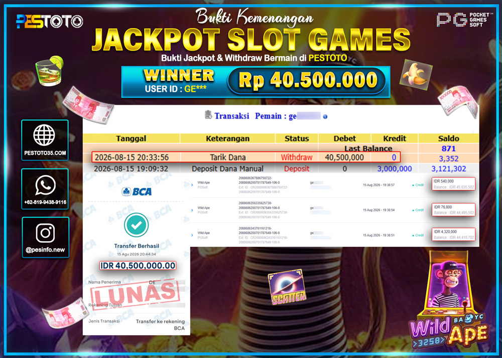 HANYA DI PESTOTO JP PASTI DI BAYAR LUNAS DAN CEPAT!! JP SLOT GAMES { WILD APE } RP 40.500.000 !!!!