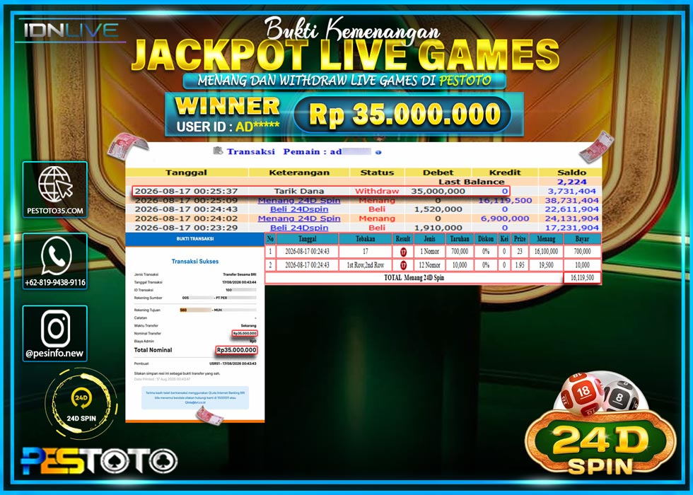 HANYA DI PESTOTO JP PASTI DI BAYAR LUNAS DAN CEPAT!! JP LIVE GAMES { MENANG 24D SPIN } RP 35.000.000 !!!!